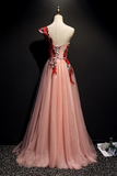 A Line One Shoulder Tulle Red Applique Long Prom Dress Evening