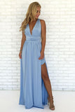 A-Line V Neck Criss Cross Light Blue Chiffon Long Prom Dresses with Split, Formal Dresses STB15053
