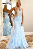 Mermaid Lace Appliques Prom Dress With Ruffles Strapless Long Evening STBP75RA7RH