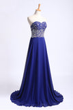 Dark Royal Blue Prom Dress Sweetheart Beaded Bodice A Line Chiffon