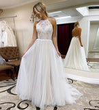 A Line Halter Tulle Wedding Dress with Top Lace, Backless Beach Wedding Dresses STB15547