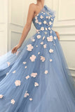 Charming One Shoulder Blue Tulle 3D Flowers Prom Dresses, Long Cheap Dance Dresses STB15119
