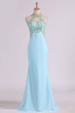 Sheath Open Back High Neck Chiffon With Applique And Beads Prom