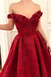 Charming Red Lace Off the Shoulder Prom Dresses, V Neck Handmade Flowers Party Dresses STB15121