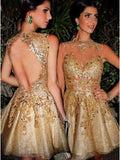 Gorgeous A-line Scoop Gold Short Homecoming Dress with Open Back