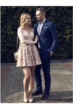 A-Line Nude Long Sleeve Short Homecoming Party Dress With