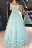Cheap A Line Strapless Floor Length Tulle Prom Dress With Flowers Appliqued Formal STBPS5H8PGM