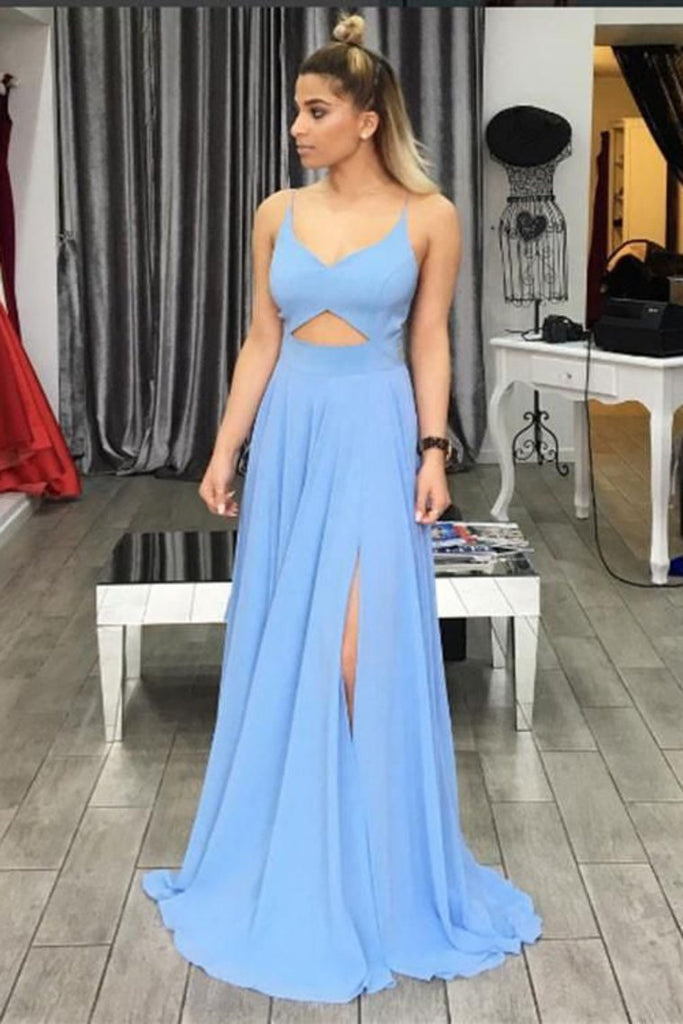 Chiffon Spaghetti Straps A Line Prom Dresses With Slit Open