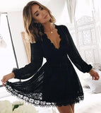Chic Black Deep V Neck Long Sleeves Lace Homecoming Dress, Black Short Prom Gowns STB14968