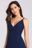 Sexy V Neck Long Spaghetti Straps Mermaid Navy Blue Prom Dresses with High Split STB15366