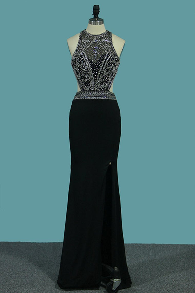 Open Back Scoop With Beads And Slit Mermaid