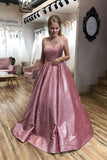 Unique A line Pink Sequins Spaghetti Straps Prom Dresses, Evening STB20450