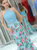 Elegant Mermaid Halter Two Pieces Blue Floral Prom Dresses, Beads Evening Dresses STB15178