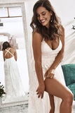 Elegant A Line V Neck Lace Ivory Beach Wedding Dresses with Slit, Bridal Gowns STB15579