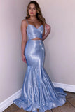Glitter Spaghetti Straps V Neck Blue Mermaid V Neck Prom Dresses, Party STB15647