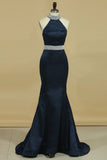 Satin Prom Dresses Halter Open Back With Beading