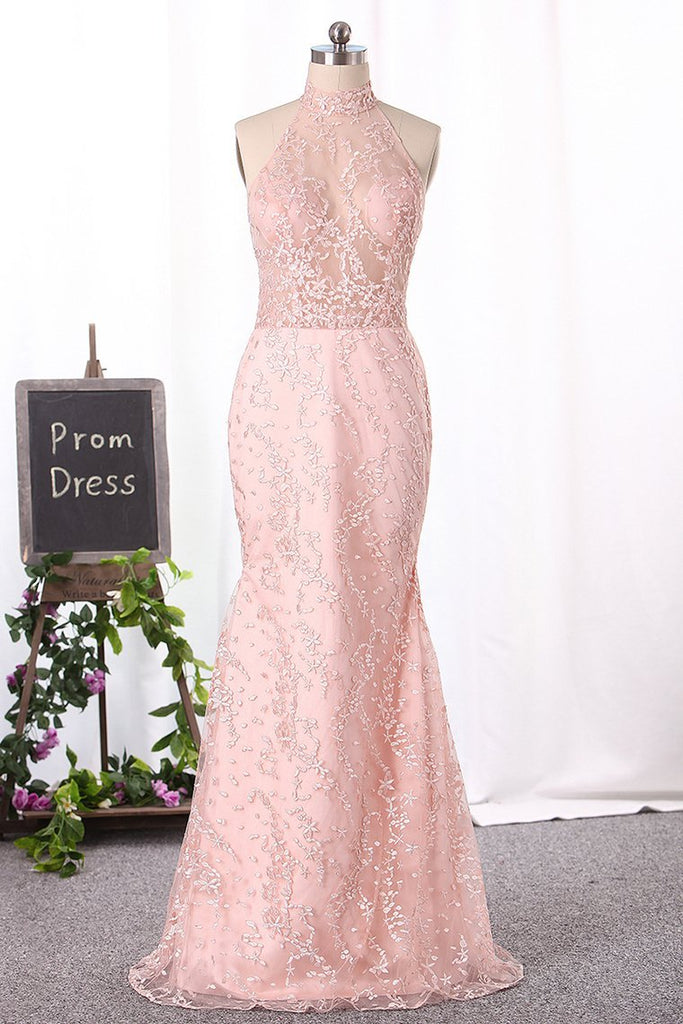 Gorgeous High Neck Lace Prom Dresses