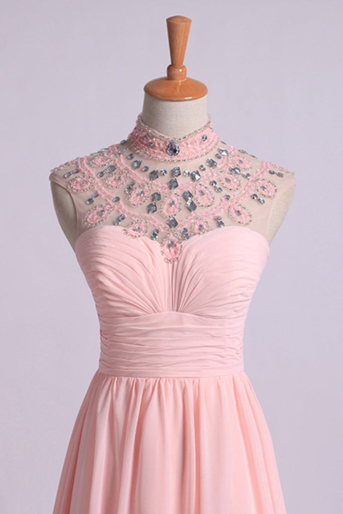 High Neck Prom Dresses A-Line Chiffon With Beads And Ruffles