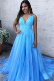 A Line Sky Blue Spaghetti Straps V Neck Tulle Prom Dresses, Cheap Evening Dresses STB15554
