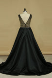 New Arrival A Line V Neck Prom Dresses Satin With