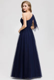 Simple A Line One Shoulder Navy Blue Tulle Prom Dresses Cheap Formal Dresses STB15382