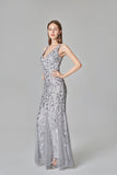 Sexy V Neck Silver Mermaid Prom Dresses, Embroidered Sequins Long Evening Dresses STB15368