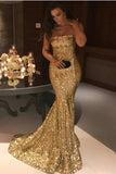Sexy Mermaid Sequins Strapless Long Evening Dresses, Simple Prom STB20437