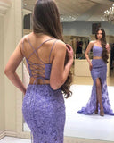 Elegant Two Pieces Mermaid Lilac Lace Slit Long Prom Dresses, Formal STB15645