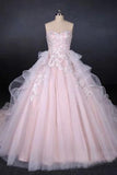 Ball Gown Strapless Sweetheart Wedding Dresses with Lace Applique, Tulle Prom Dresses STB15070
