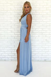 A-Line V Neck Criss Cross Light Blue Chiffon Long Prom Dresses with Split, Formal Dresses STB15053
