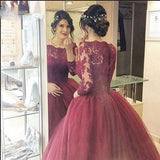 Cheap Burgundy 2024 Lace Three Quarter Sleeve Ball Gown Elegant Long Prom Dresses