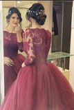 Cheap Burgundy 2024 Lace Three Quarter Sleeve Ball Gown Elegant Long Prom Dresses