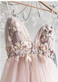 Elegant A Line Spaghetti Straps V Neck Prom Dress With Handmade Flowers, Bridesmaid Dress STB15577