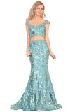 Mermaid Cap Sleeves Tulle Prom Dresses With Beads&Sequins Sweep