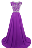A Line Scoop Prom Dresses Chiffon With Beading Sweep