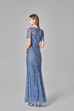 Elegant Mermaid Burgundy Tulle Prom Dresses Round Neck Long Evening Dresses STB15176
