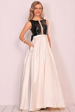 A Line Scoop Satin Prom Dresses With Sequins&Bow Floor