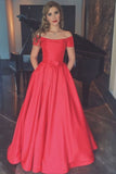 A Line Red Scoop Neck Short Sleeves Satin Prom Dresses With