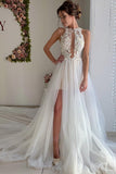 A Line Appliques Ivory Open Back Wedding Dresses Long Beach Bridal STBP2PKLXCG