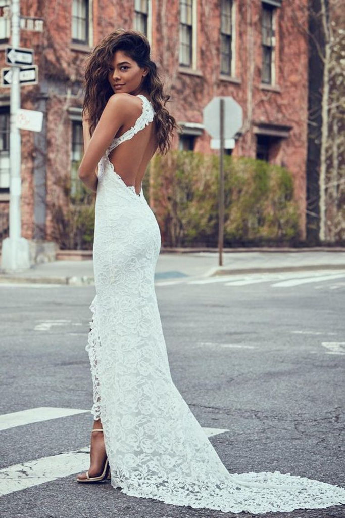 Sexy Open Back Wedding Dresses Mermaid High Neck Lace