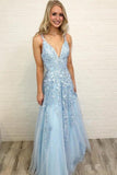 Prom Dress Tulle A-Line V-Neck Floor Length With