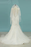 Mermaid/Trumpet Wedding Dresses V-Neck Chapel Train Tulle With Applique
