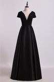 Open Back V-Neck Short Sleeve A-Line Satin Evening Dress Black Bodice Floor-Length
