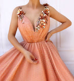 Charming Orange 3D Flowers Long Prom Dresses V-neck Tulle Cheap Evening Dresses STB15120