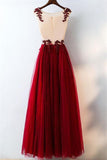 Elegant Burgundy A-Line Lace Tulle Prom Dresses Beautiful Party