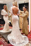 Ivory Backless Long Sleeves Mermaid Wedding Dress Embroidery& Beads Wedding STBPYJ9JRQB