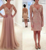 Elegant Long Sleeve Lace Tulle Pink Sexy A-Line V-Neck Prom Dresses
