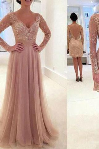 Elegant Long Sleeve Lace Tulle Pink Sexy A-Line V-Neck Prom Dresses