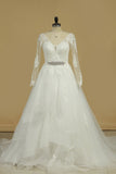 Long Sleeves V Neck Tulle With Applique A Line Wedding