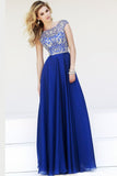 Prom Dresses A-Line Scoop Floor-Length Dark Royal Blue Chiffon Beaded Bodice